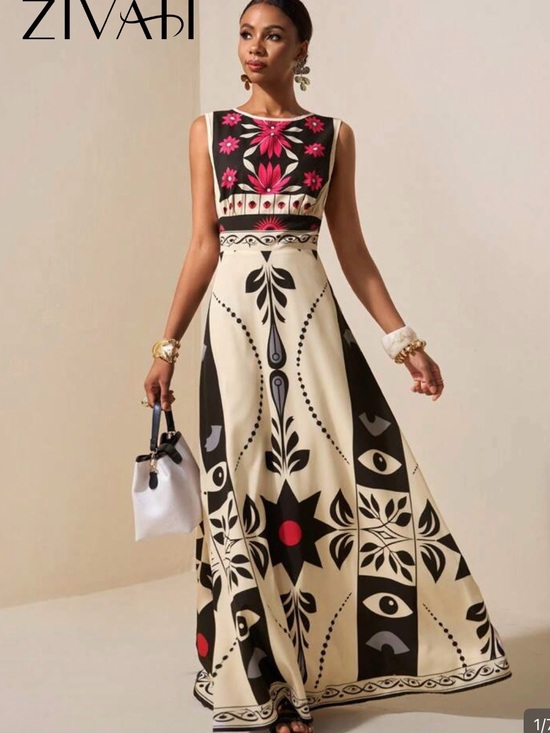 SHEIN Dresses & Skirts - SHEIN Cream Maxi Dress with Black & Pink Graphic Floral Print